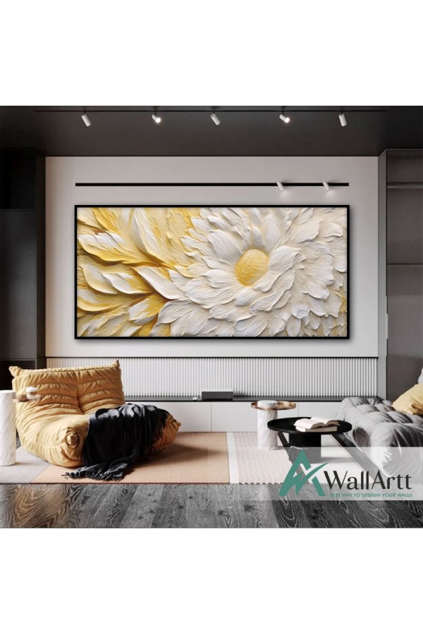 White Flower with Yellow Leaves 3d Heavy Textured Partial Oil Painting